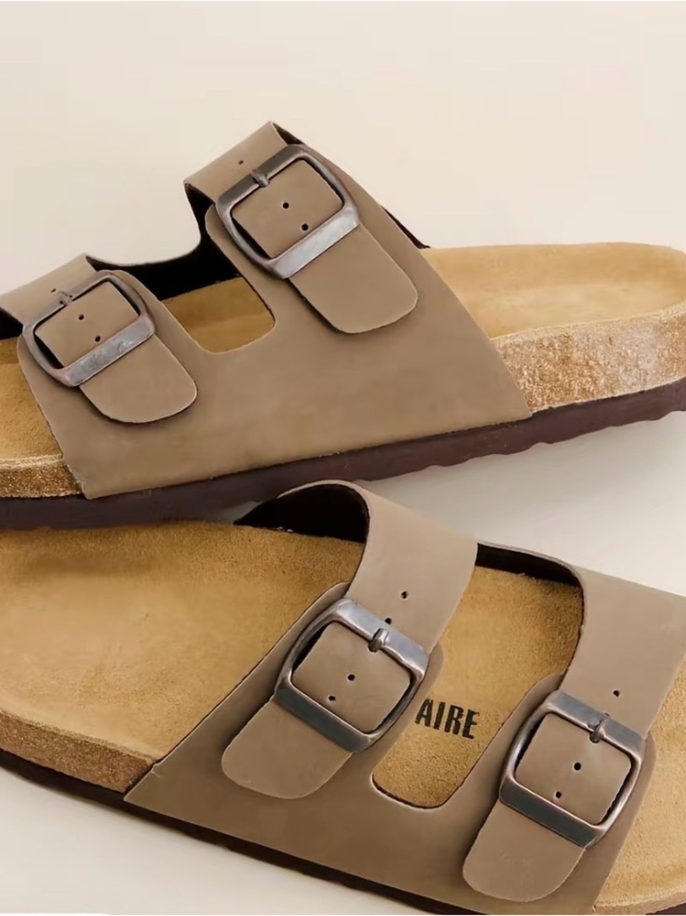 Women's Double-Buckle Taupe Slide Sandals